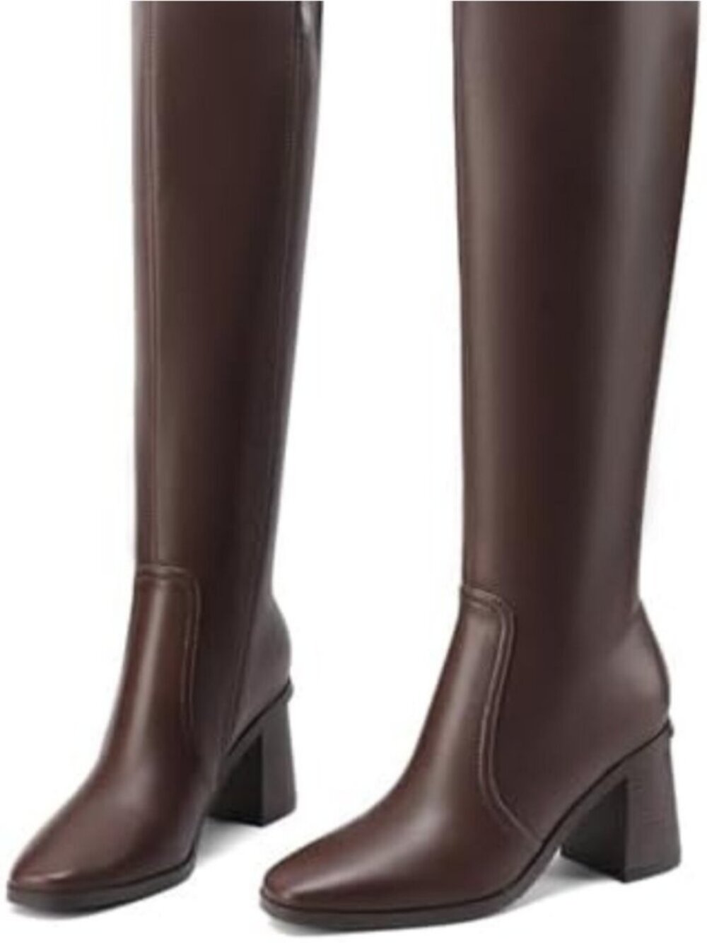 Women's Brown Knee High Boots Chunky Heel Square Toe Tall Boots Stacked Heels